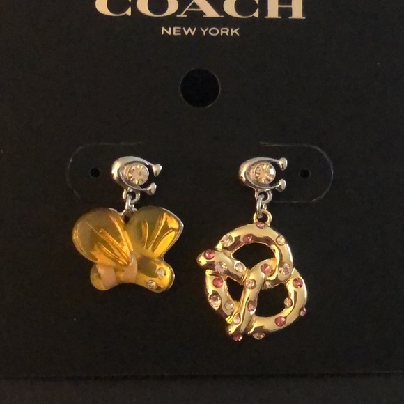 Coach Bumblebee & Pretzel Mismatch Drop Earrings With Signature C & Crystal NWT - Picture 3 of 13